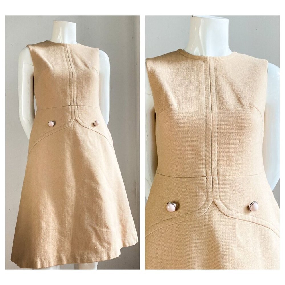 Vintage 60s Mod Camel Wool Sleeveless Dress M